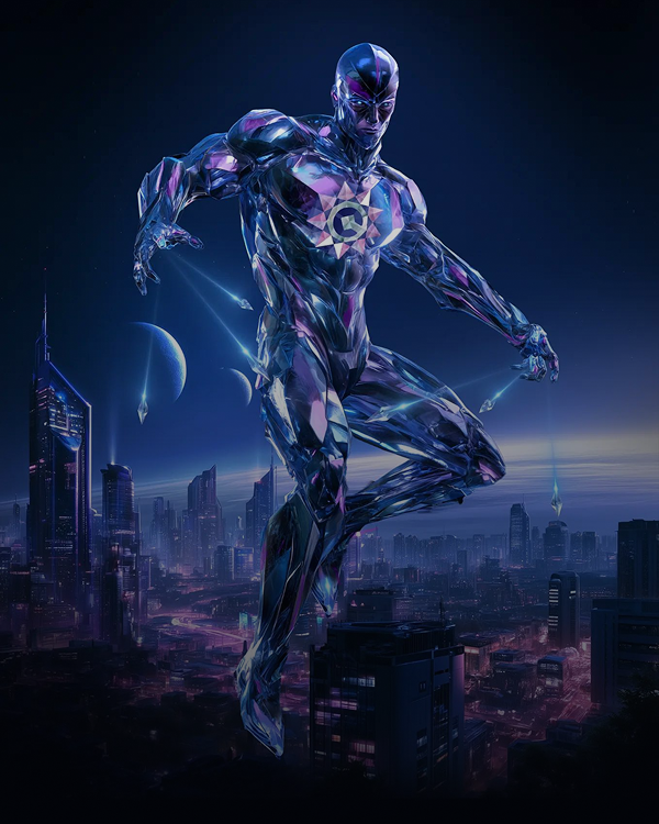 Crystalman above a neon Earth city at night